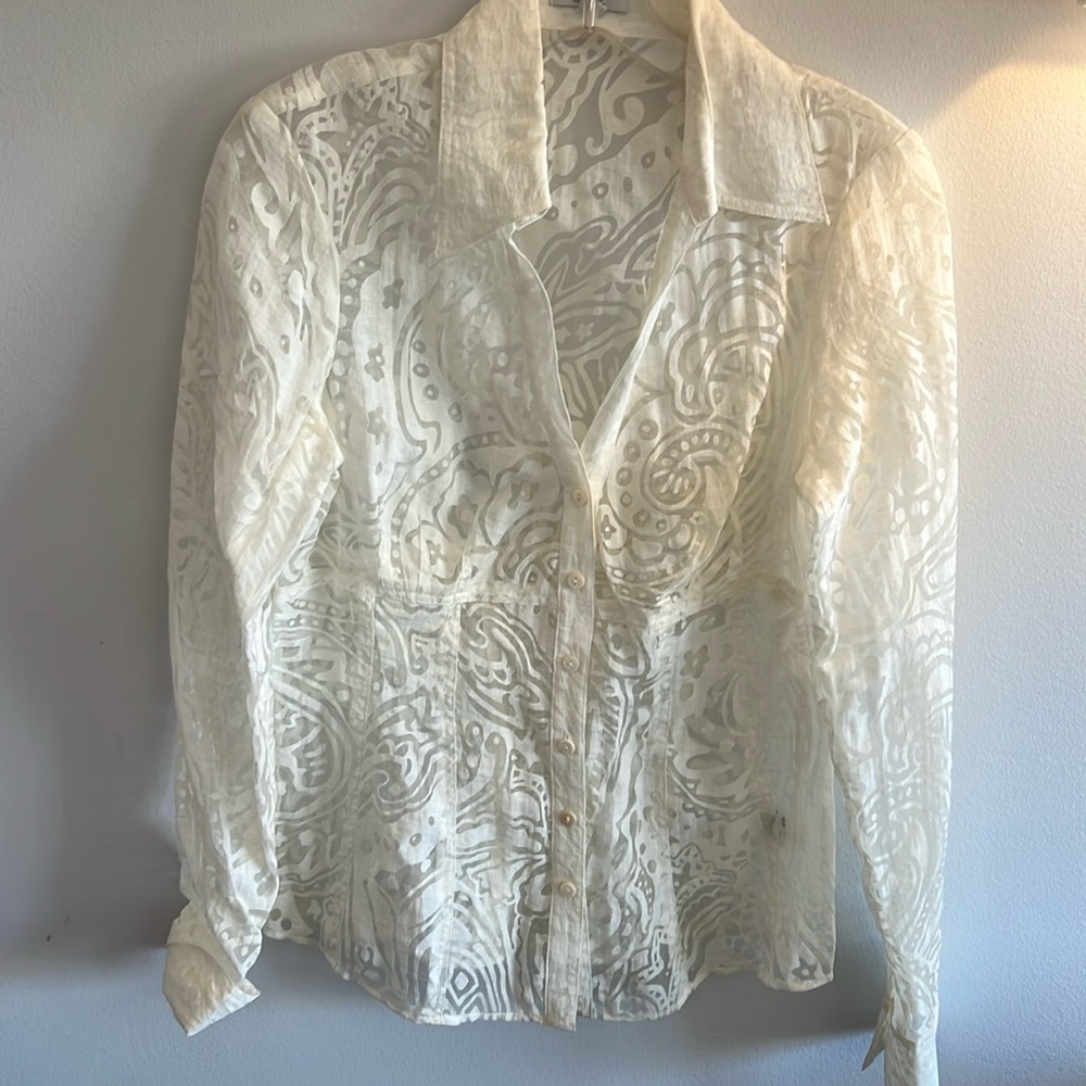 Cache Sheer Embroidered Button-Up Blouse in Ivory
